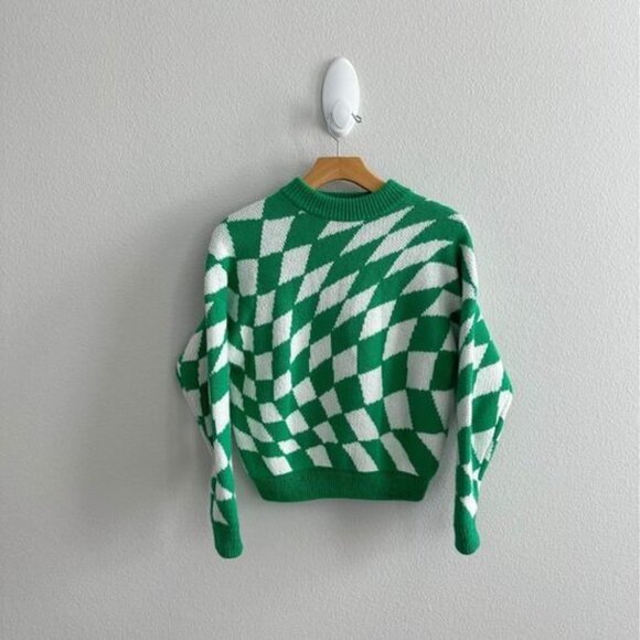 Lisa Says Gah Green Warped Psychedelic Checkered Cropped Sweater Sz XS/S - Picture 4 of 7
